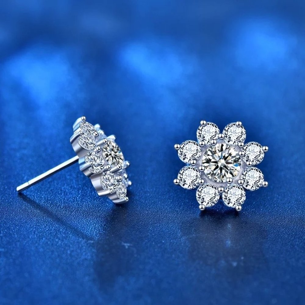 Certified 1ct. t.w. Diamond Flower Earrings 18k White Gold over Italy Silver - Picture 3 of 16